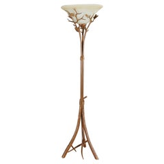 Contemporary Faux Bois Torchiere Floor Lamp with Fir Pine Cones and Needles