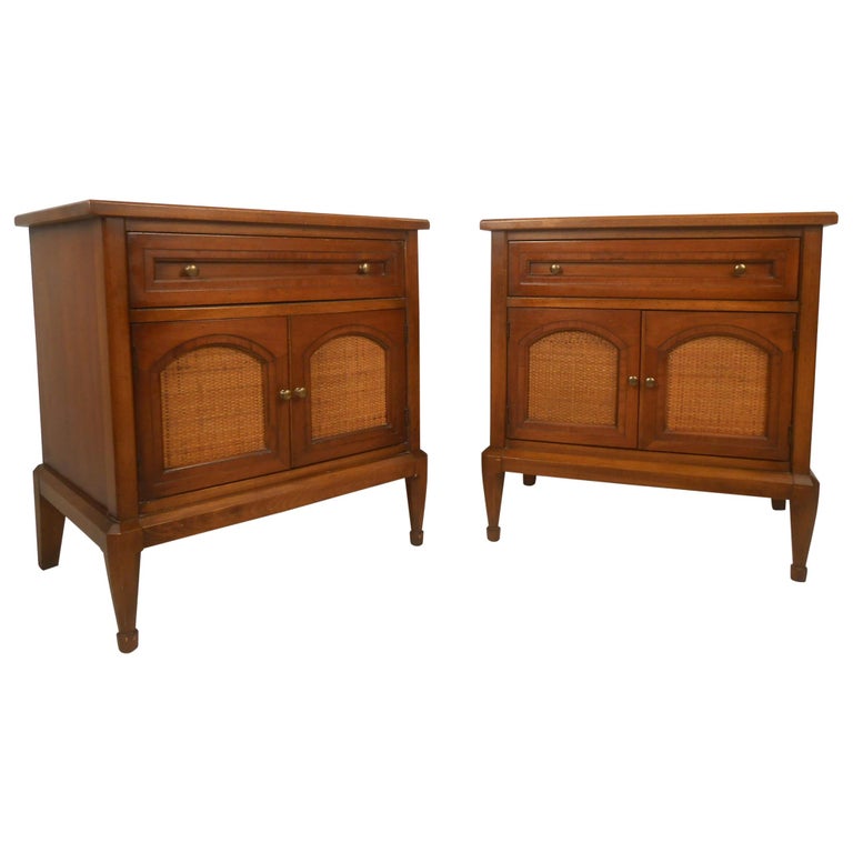 Pair of Midcentury Cane Front Nightstands For Sale at 1stDibs