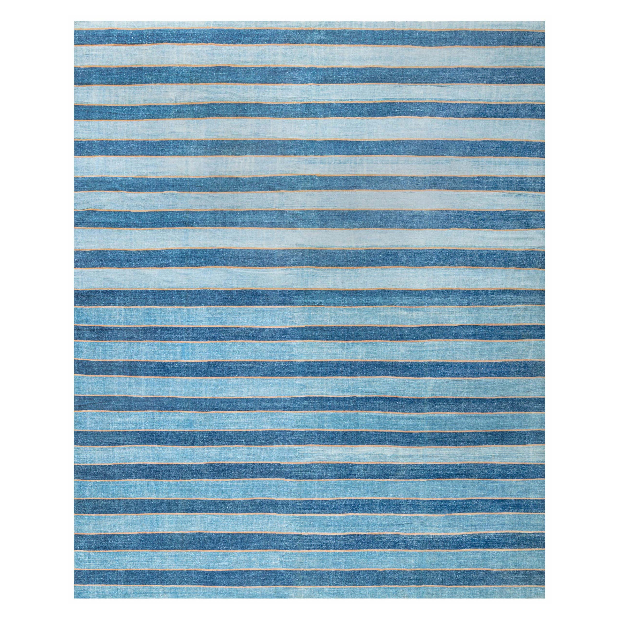 Doris Leslie Blau Collection Vintage Indian Dhurrie Striped Blue Rug