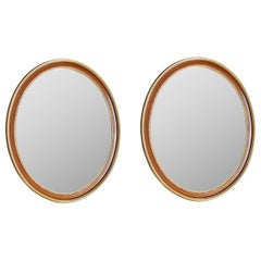 2 Vintage Oval Painted Grain & Gold Gilded Wall Hall Vanity Mirrors Pair