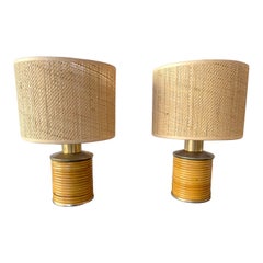 Mid-Century Modern Pair of Rattan and Brass Lamps by Targetti, Italy, 1970s