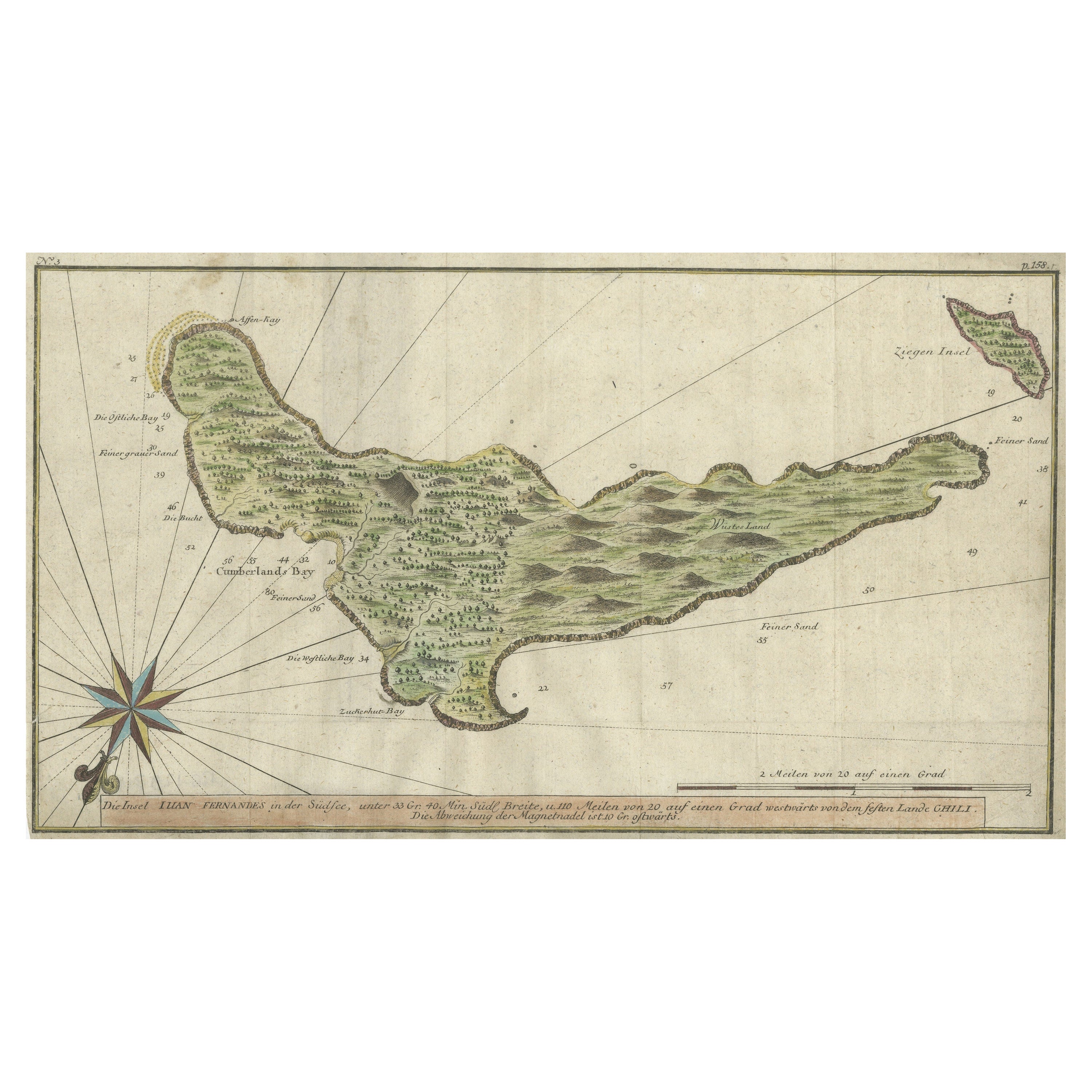 Rare carte colorée à la main de l'île de Juan Fernandes « Robinson Crusoe Island », Chili