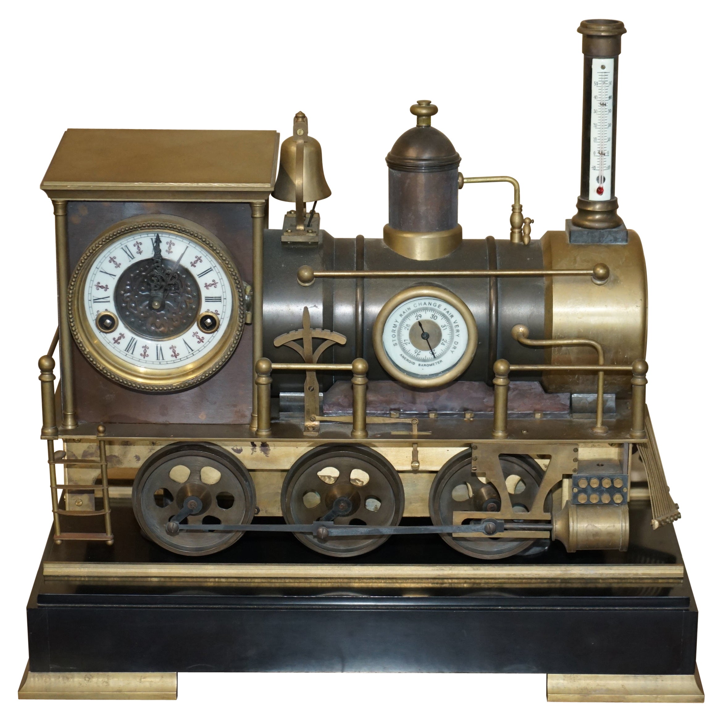 FINE CIRCA 1895 FRENCH AUTOMATON INDUSTRIAL LOCOMOTIVE MOVING GiLT BRONZE CLOCK For Sale