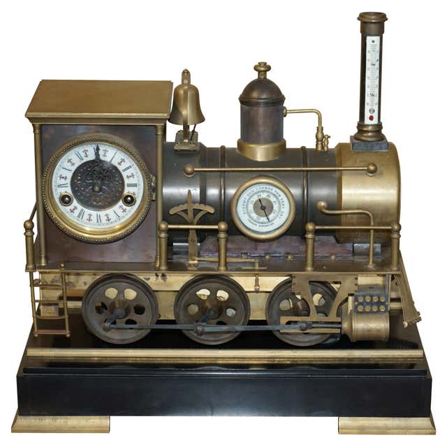 Large French Automaton Locomotive Industrial Train Clock with Spinning ...