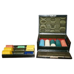 Used circa 1920 Art Deco Casion Chip Poker Set Green Leather Silk Case