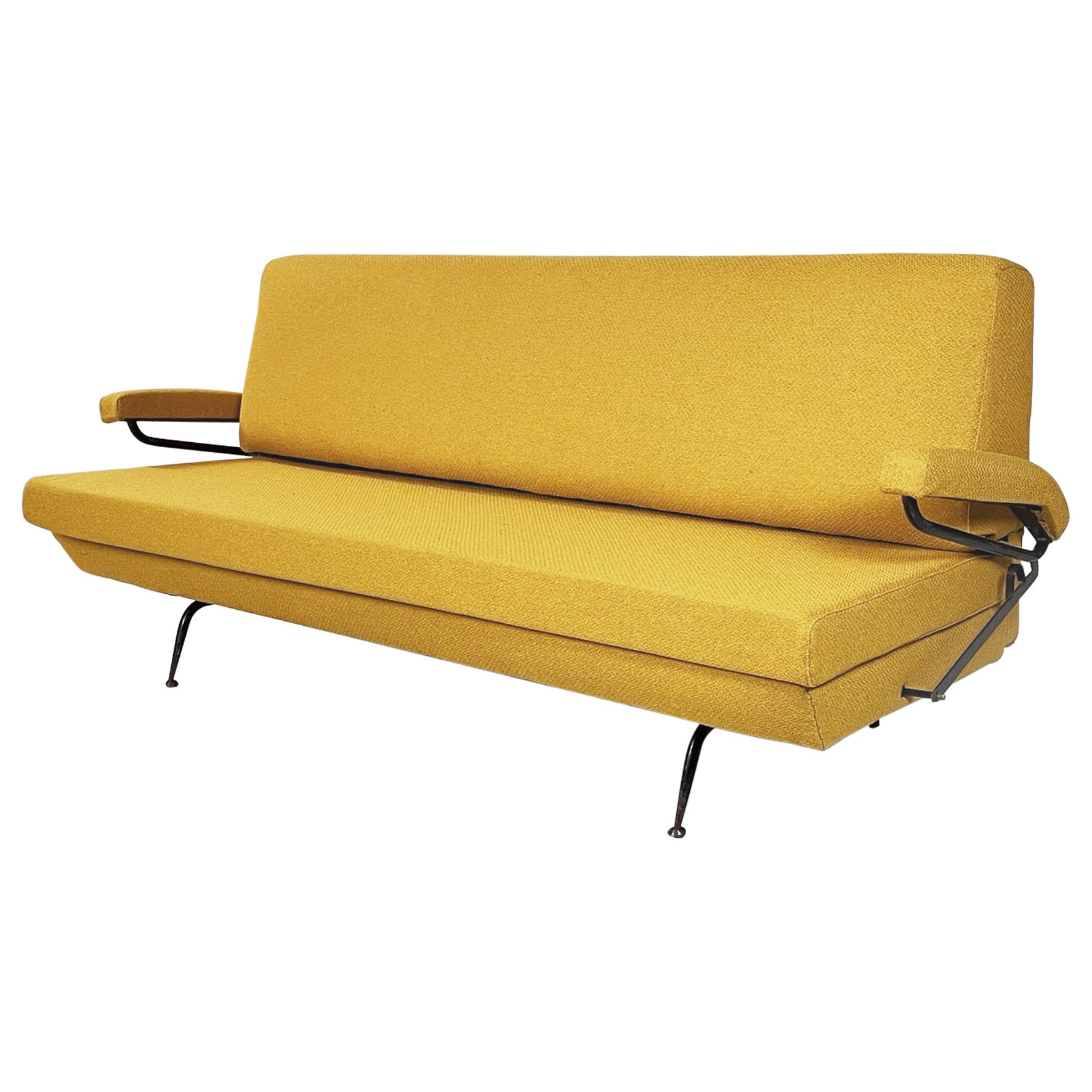 Italian Mid-Century Modern Sofa and Bed in Yellow Fabric and Black Metal, 1960s