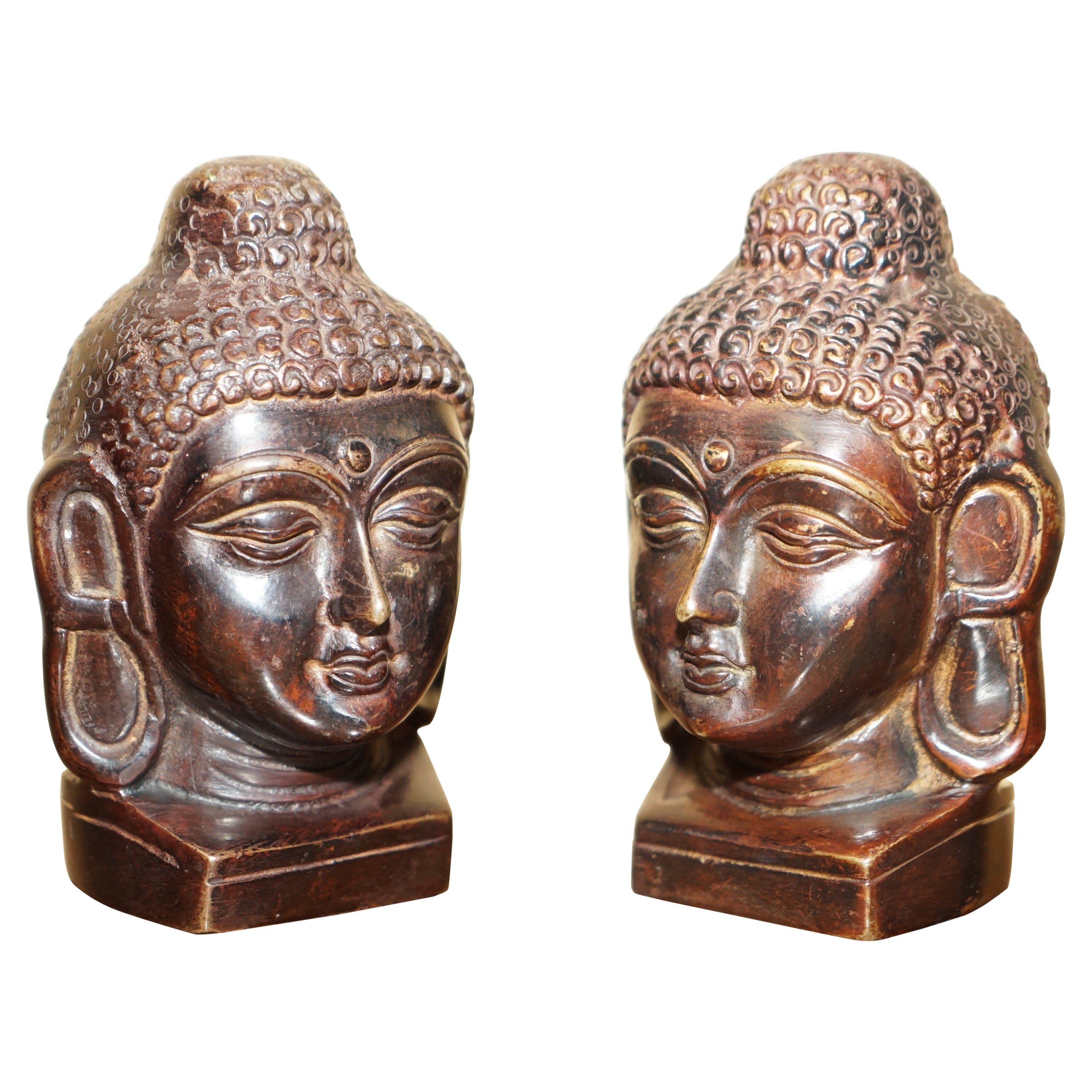 Lovely Pair of Indonesian Bronzed Buddha Heads Very Decorative Lovely Patina