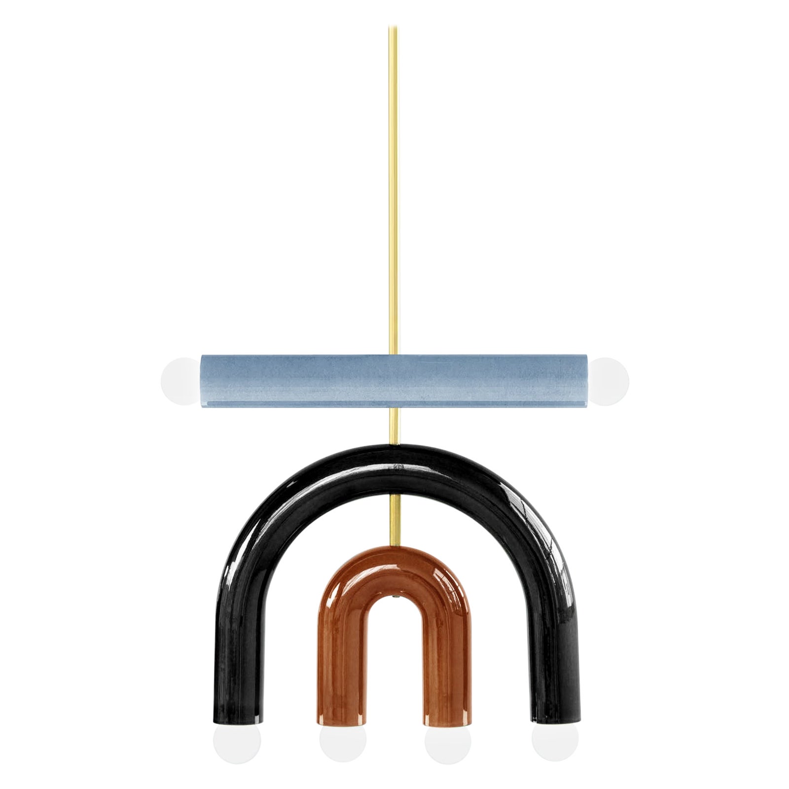 Ceramic Pendant Lamp 'TRN D1' by Pani Jurek, Brass Rod, Blue, Black, Ochre For Sale