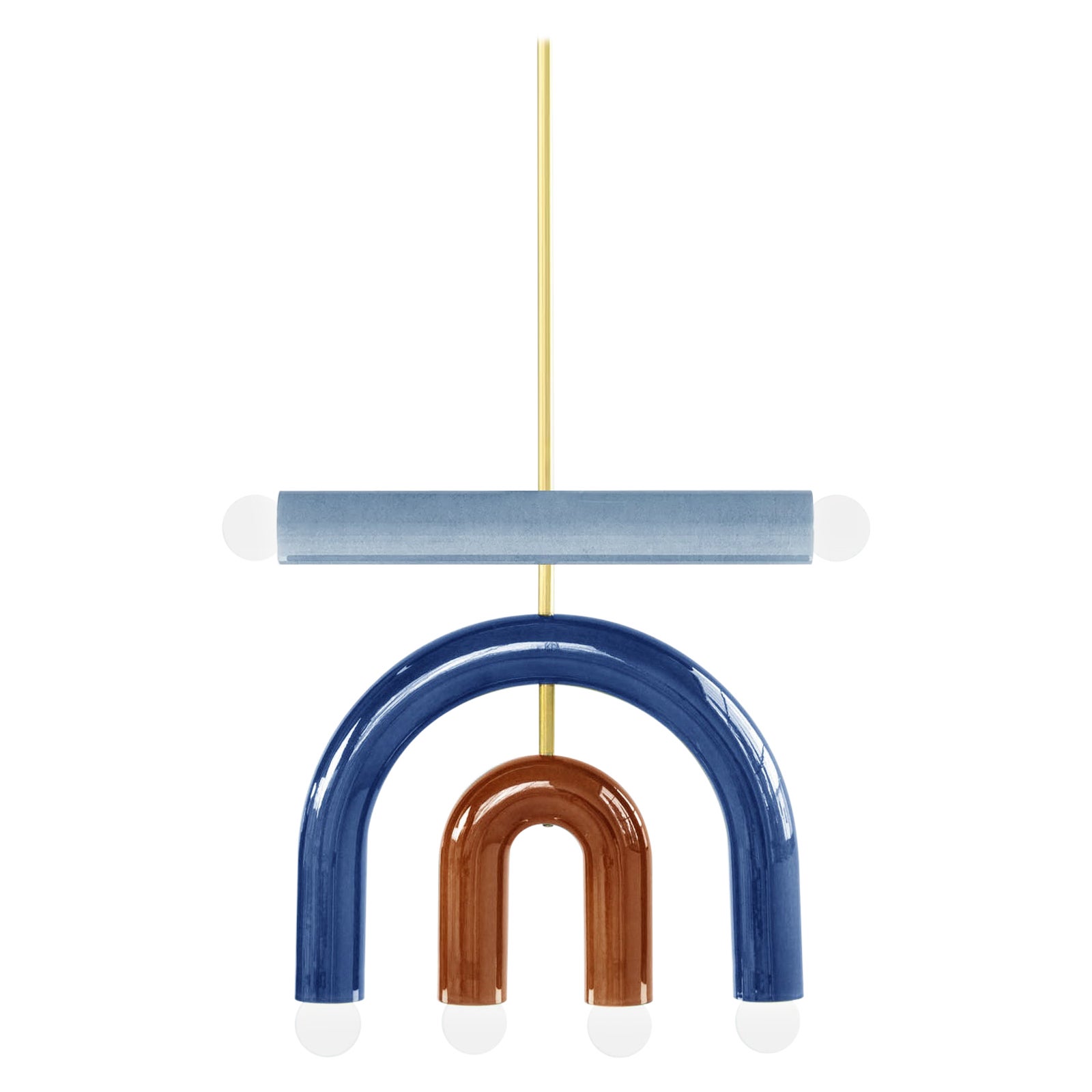 Ceramic Pendant Lamp TRN D1 BY Pani Jurek, Brass Rod, Blue and Ochre For Sale