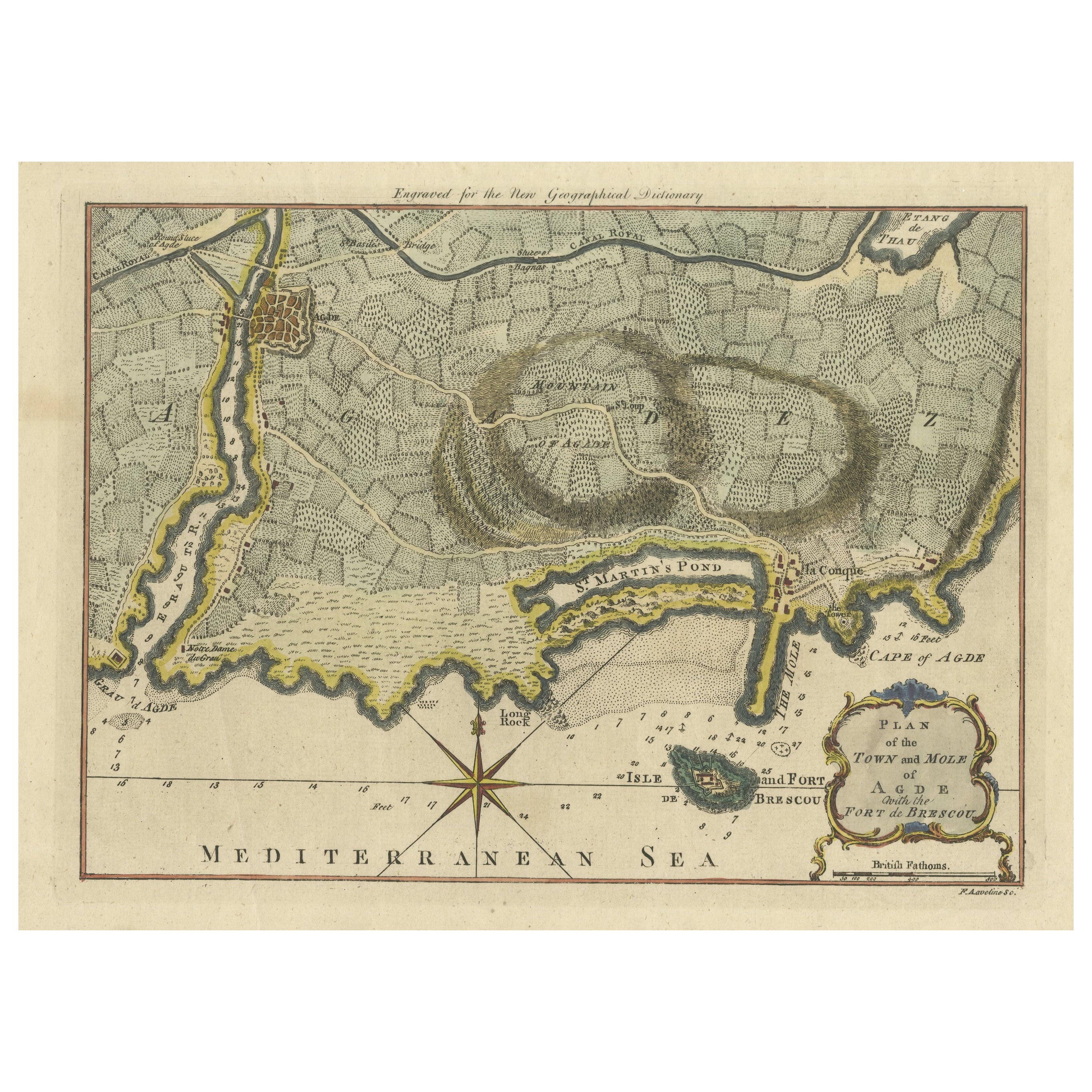 Mapa Antiguo Plano de la Ciudad y Mole de CAP D'agde & Fort De Brescou, Francia, 1759 en venta