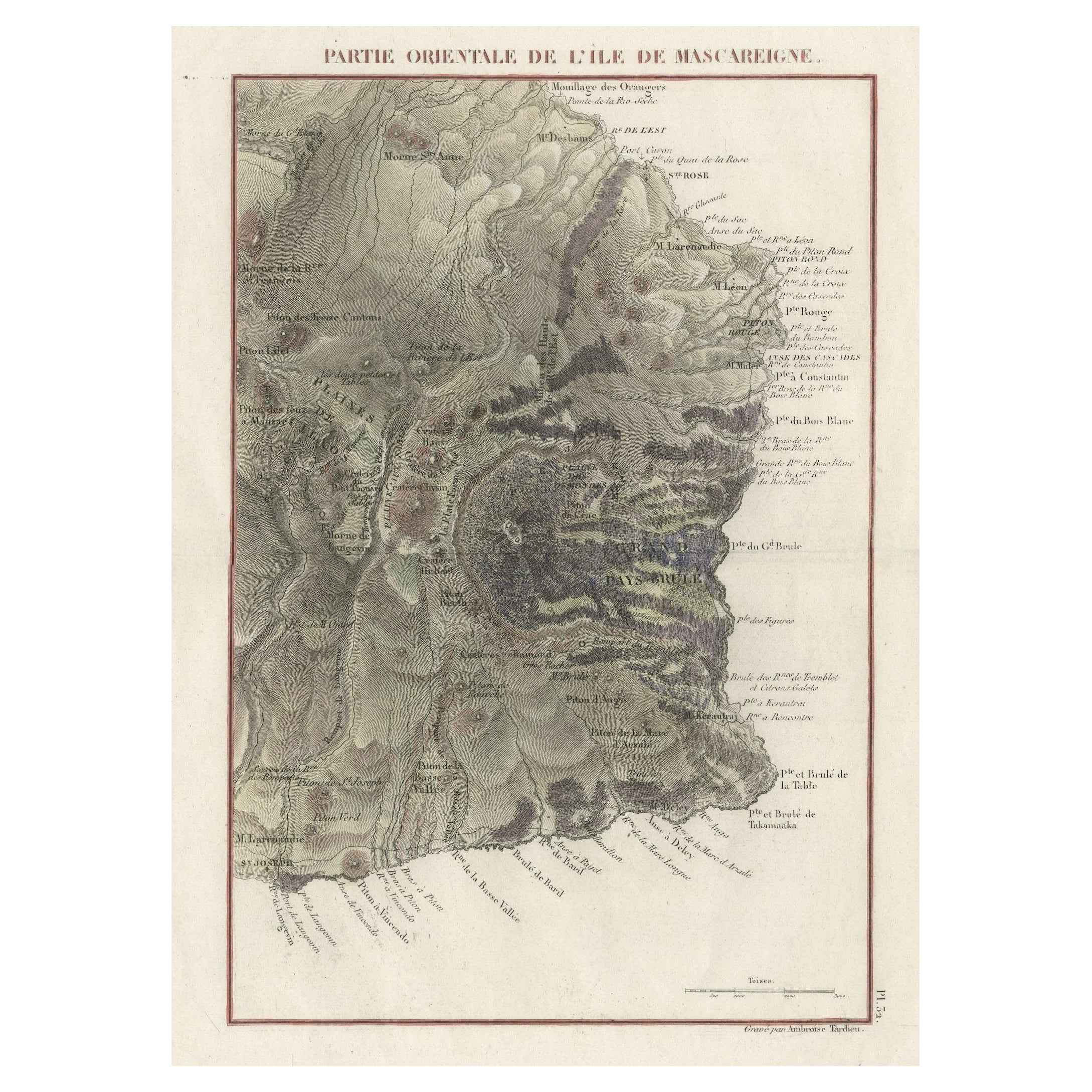 Old Map of Piton de la Fournaise, a Shield Volcano on Eastern Réunion Island For Sale