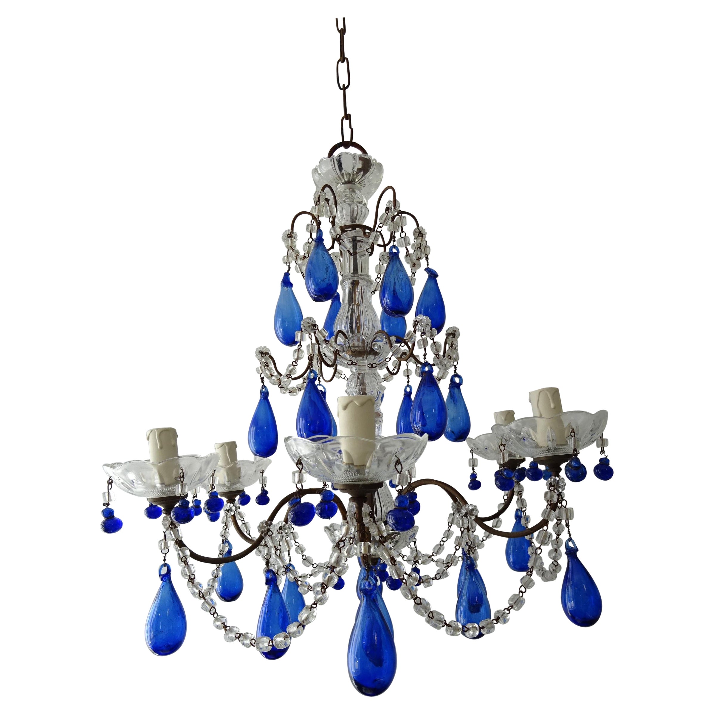 Italian Mouth Blown Cobalt Blue Murano Drops Crystal Swags Chandelier, C 1920