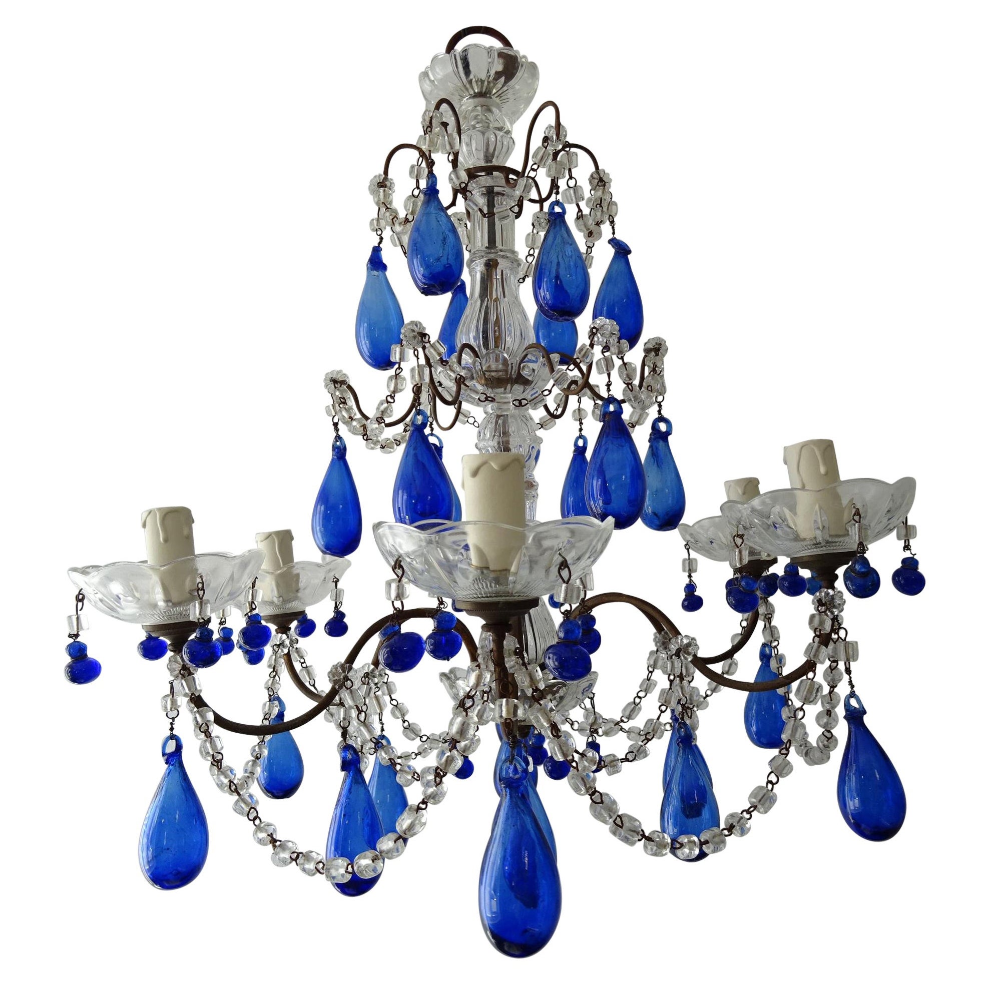 Italian Mouth Blown Cobalt Blue Murano Drops Crystal Swags Chandelier, C 1920