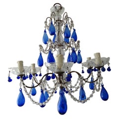 Italian Mouth Blown Cobalt Blue Murano Drops Crystal Swags Chandelier, C 1920