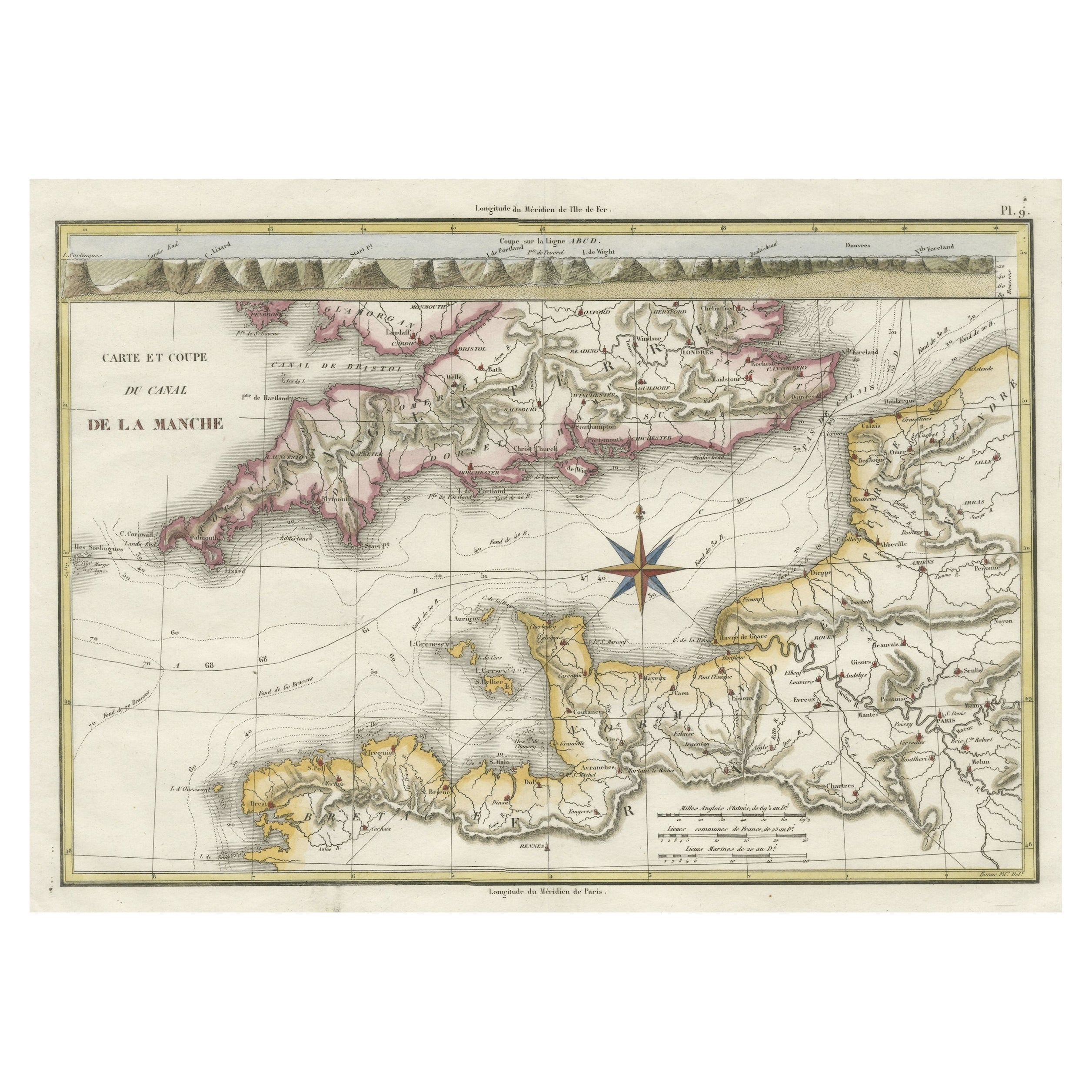 Decorative Hand-Colored French Map of the English Channel, 1827 For Sale