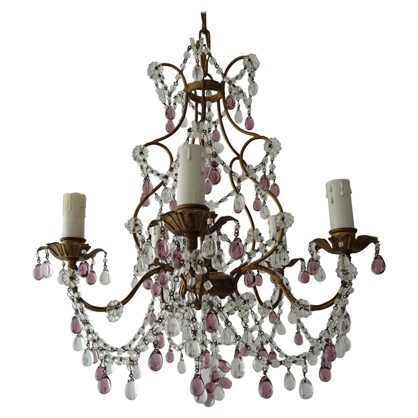 French Maison Baguès  Amethyst & Clear Murano Drops Chandelier, 1920s Signed For Sale