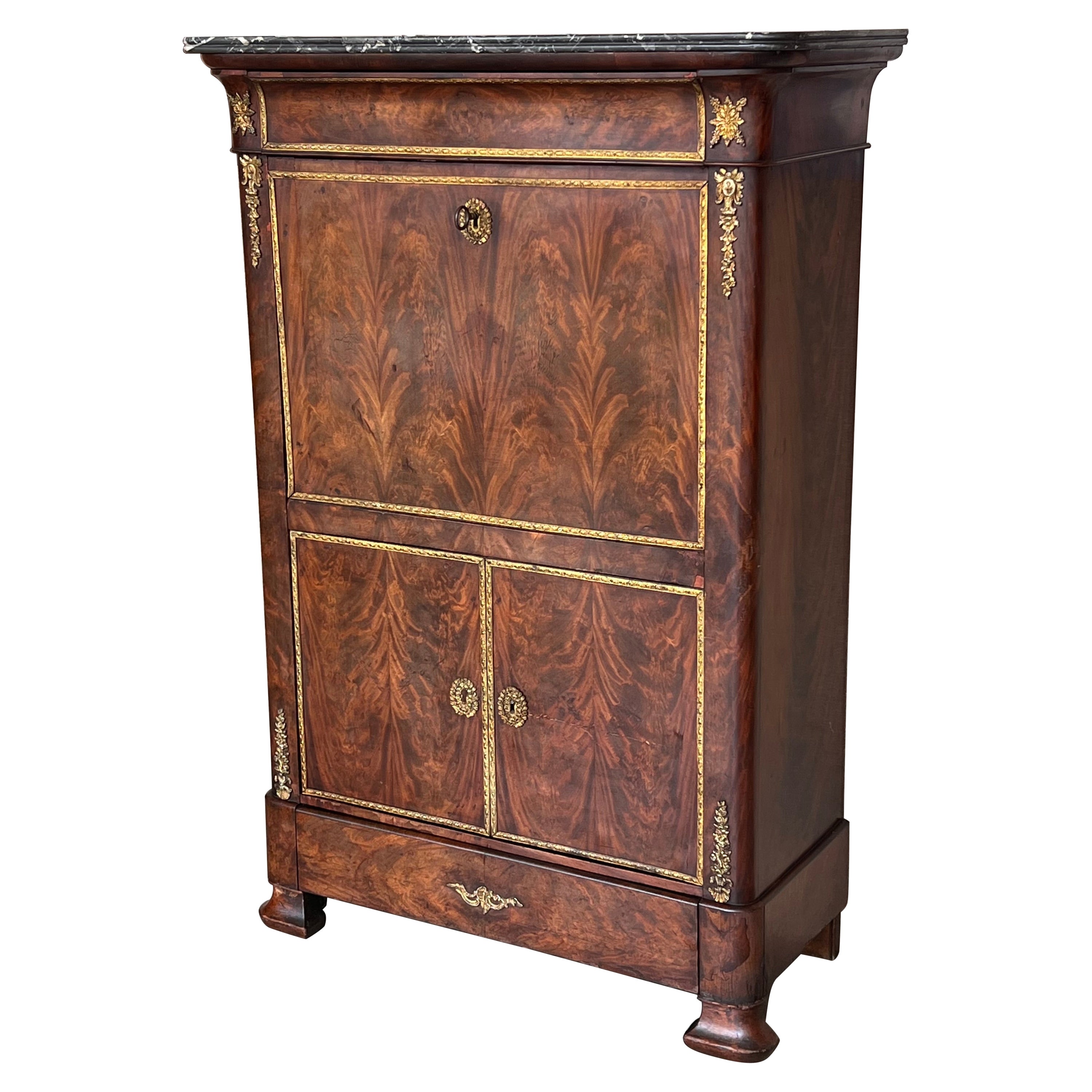 19th Century Empire Drop-Front Oak Secretary Desk or Abattant, Chest France For Sale