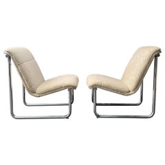 1970s Mid-Century Modern Chrome Lounge Chairs in Nubby Oatmeal Fabric, a Pair
