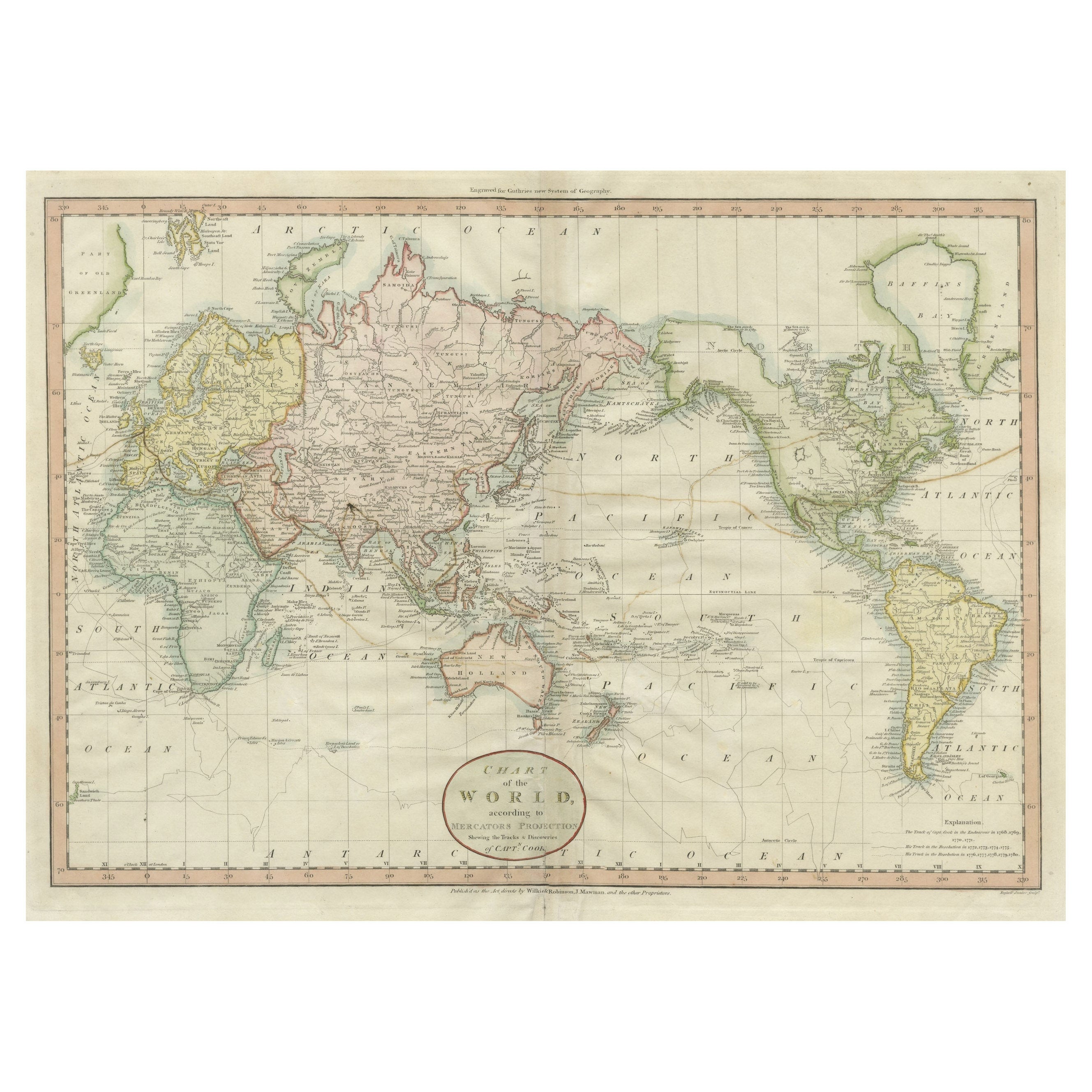 Très attrayante carte ancienne du monde en tant que planisphere, montrant les voyages de Cook en vente