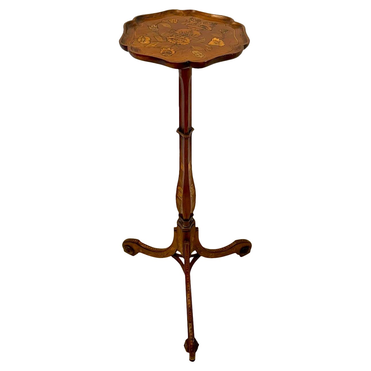 Antique George III Quality Walnut Floral Marquetry Inlaid Candle Stand For Sale