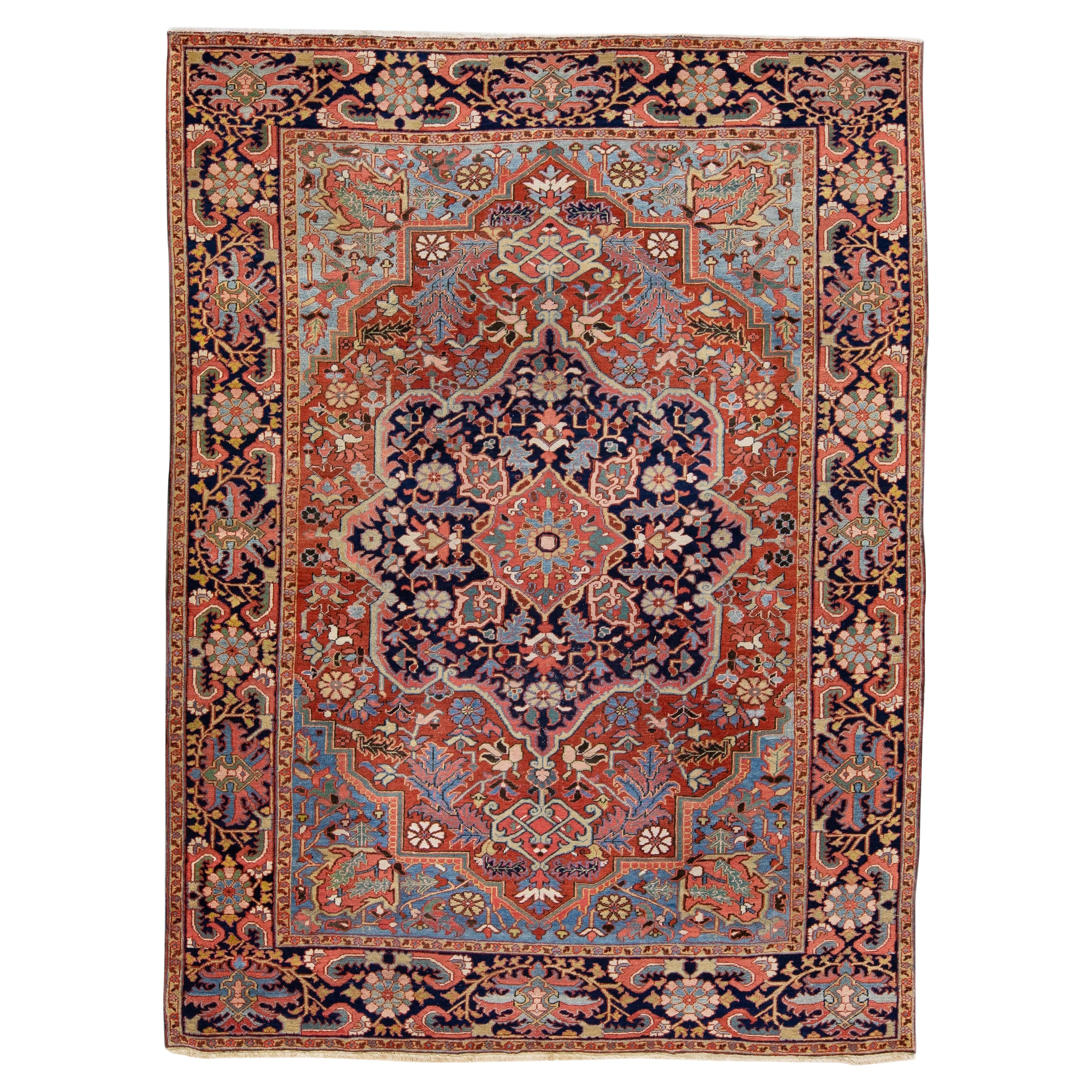 Rust Antique Persian Heriz Handmade Medallion Designed Wool Rug