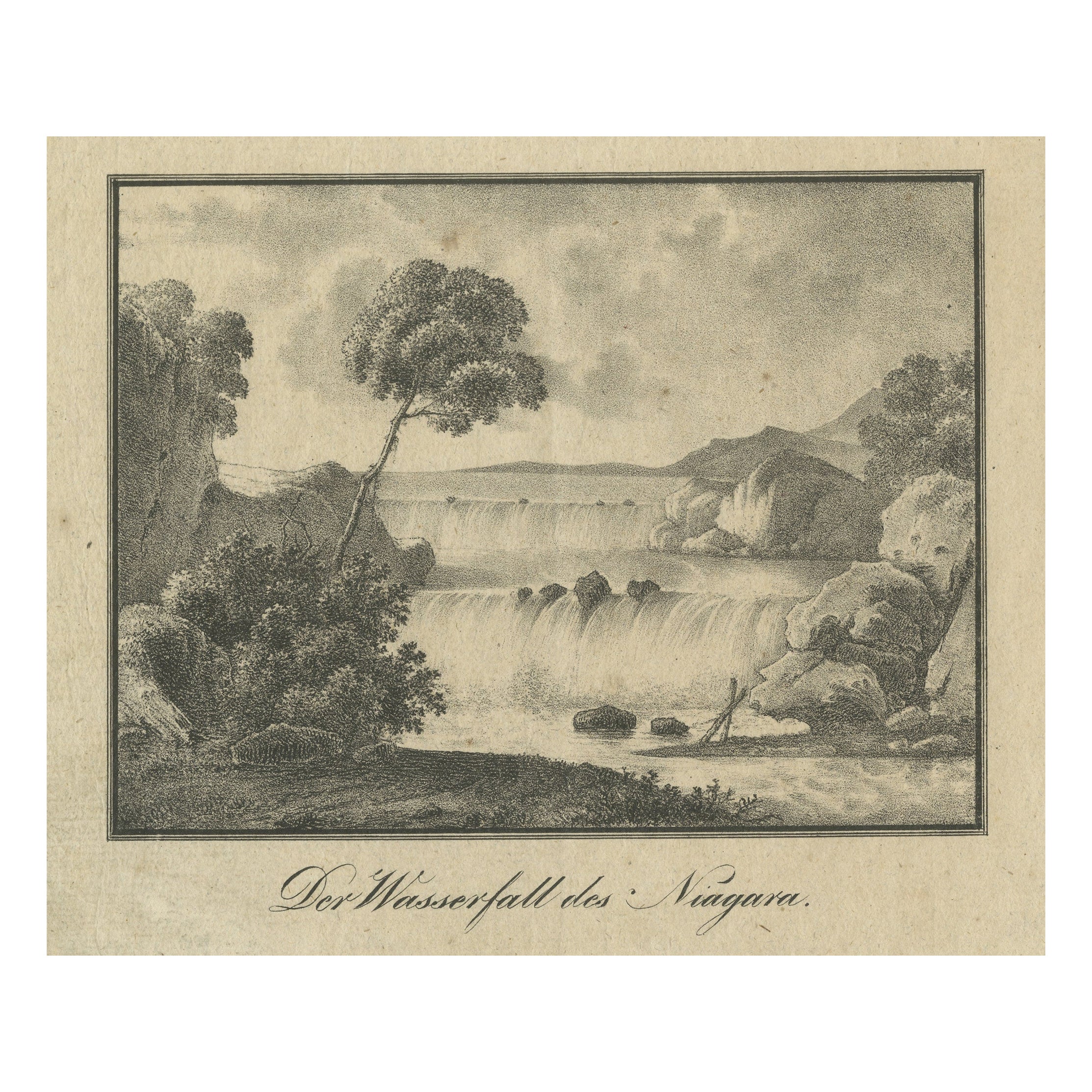 Very Old German Print of the Niagara Falls Between Canada and the US For Sale