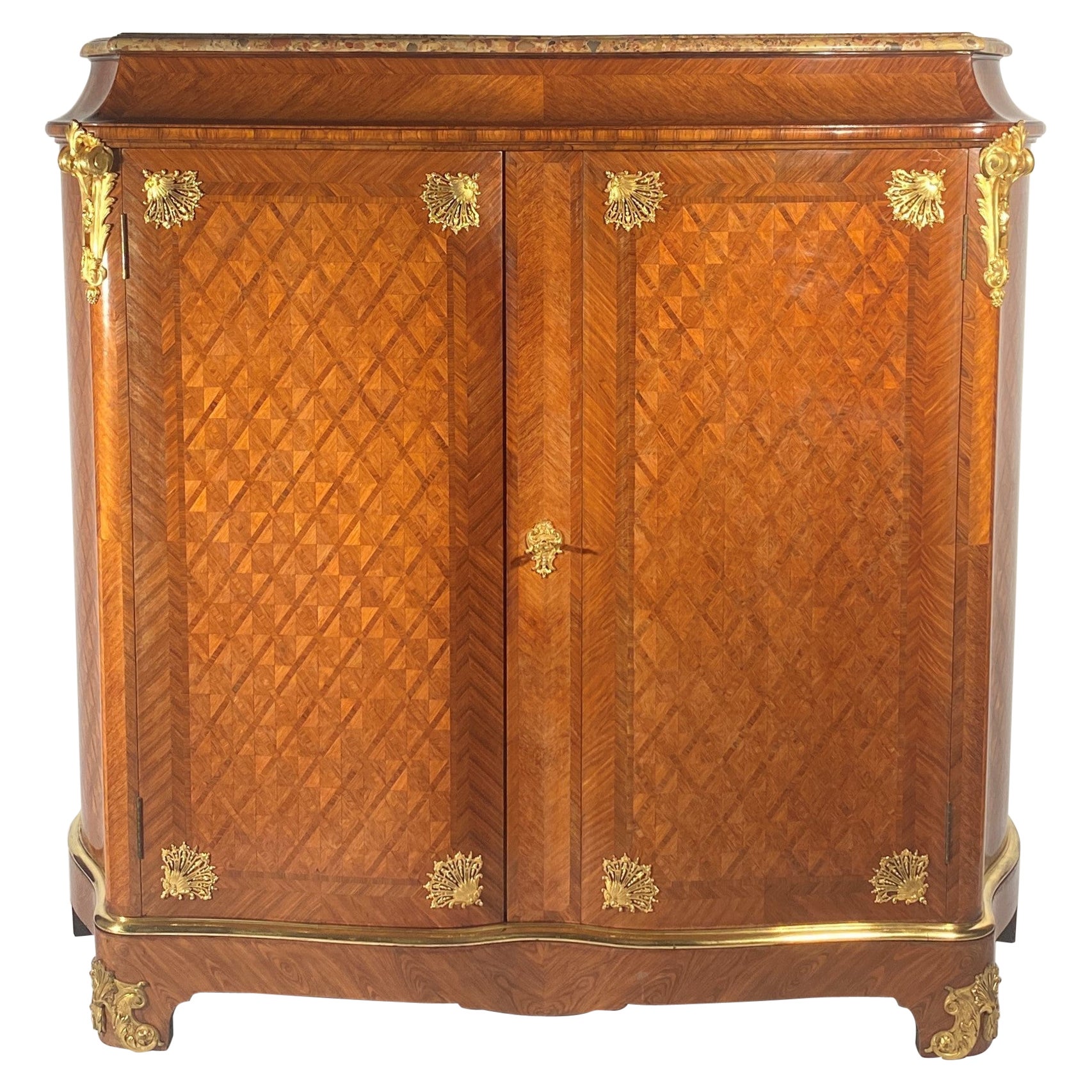 Curved low cabinet in Napoleon III Regency style braces marquetry XIXth century For Sale