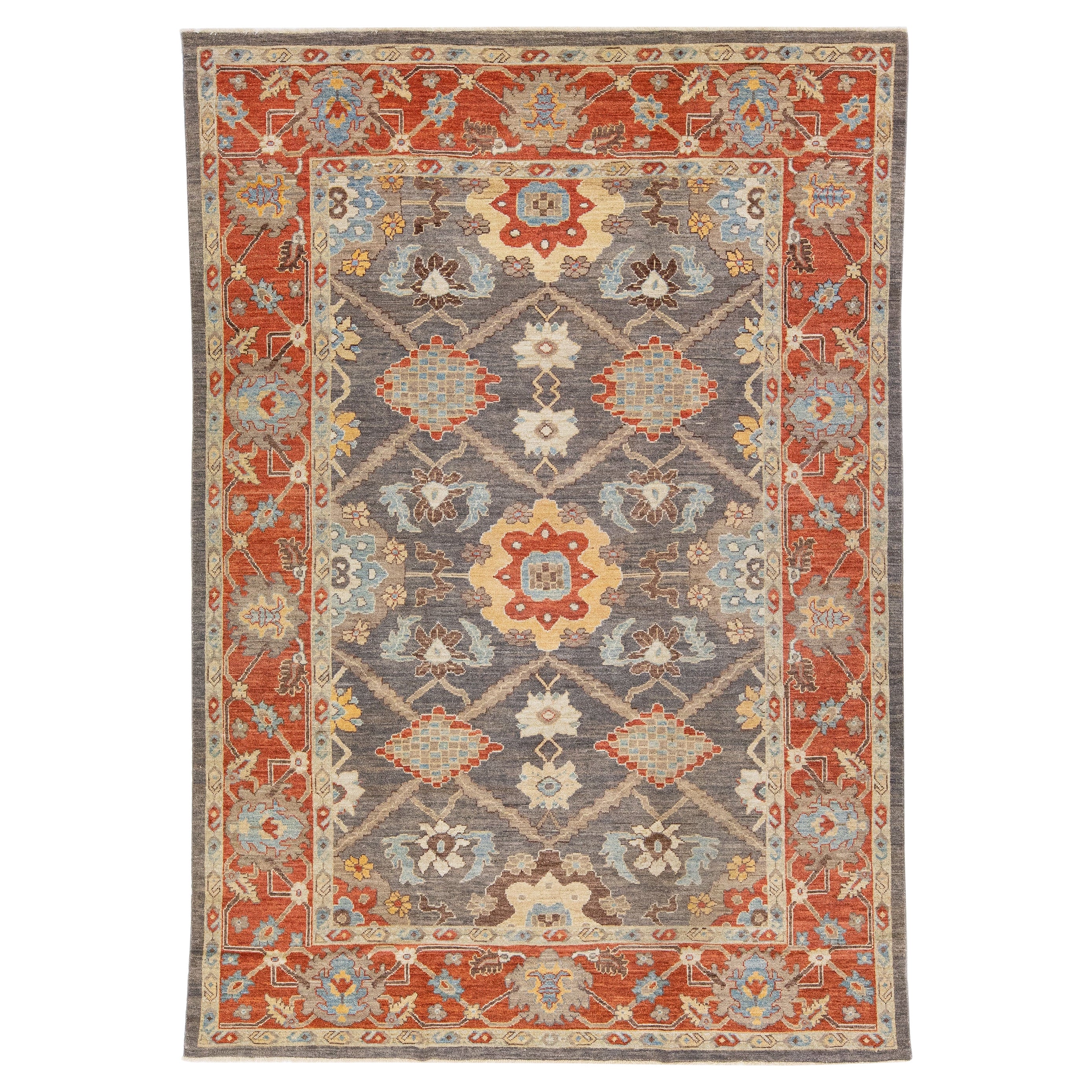 Modern Sultanabad Handmade Gray & Rust Wool Rug with Allover Motif
