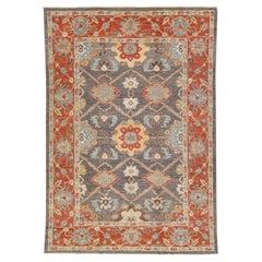 Modern Sultanabad Handmade Gray & Rust Wool Rug with Allover Motif