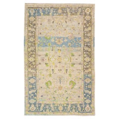 Modern Turkish Oushak  Handmade Beige Wool Rug With Floral Pattern