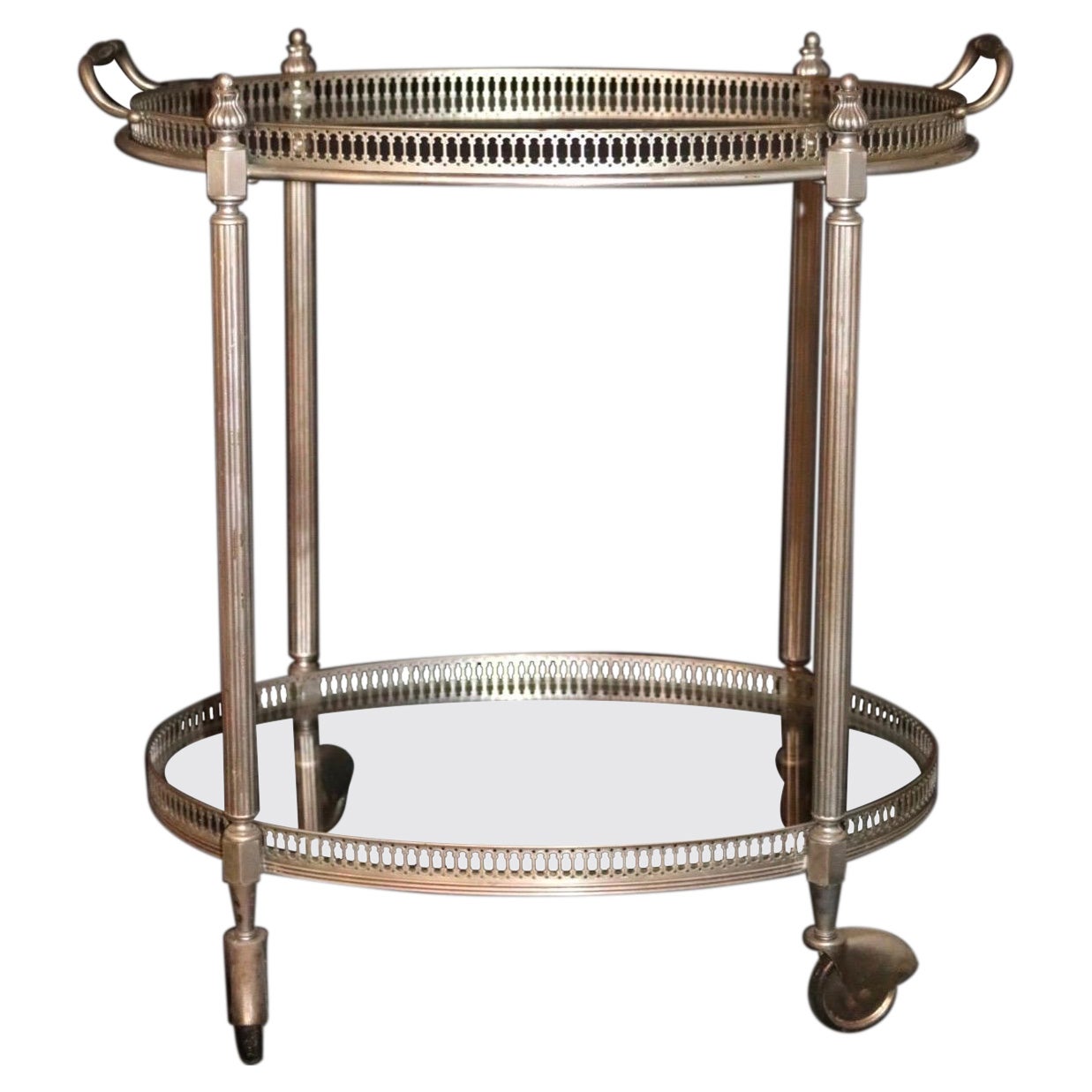 Wonderful French Nickel Plated Two-Tier Glass Top Bar Cart Gallery Tray Table