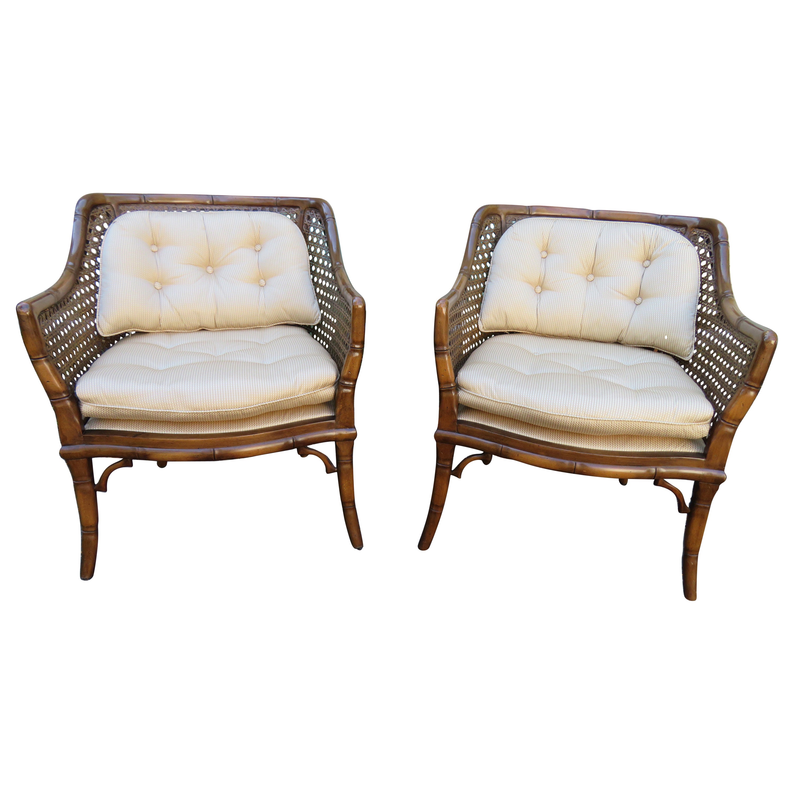 Handsome Pair French Country Walnut Faux Bamboo Caned Club Accent Chairs