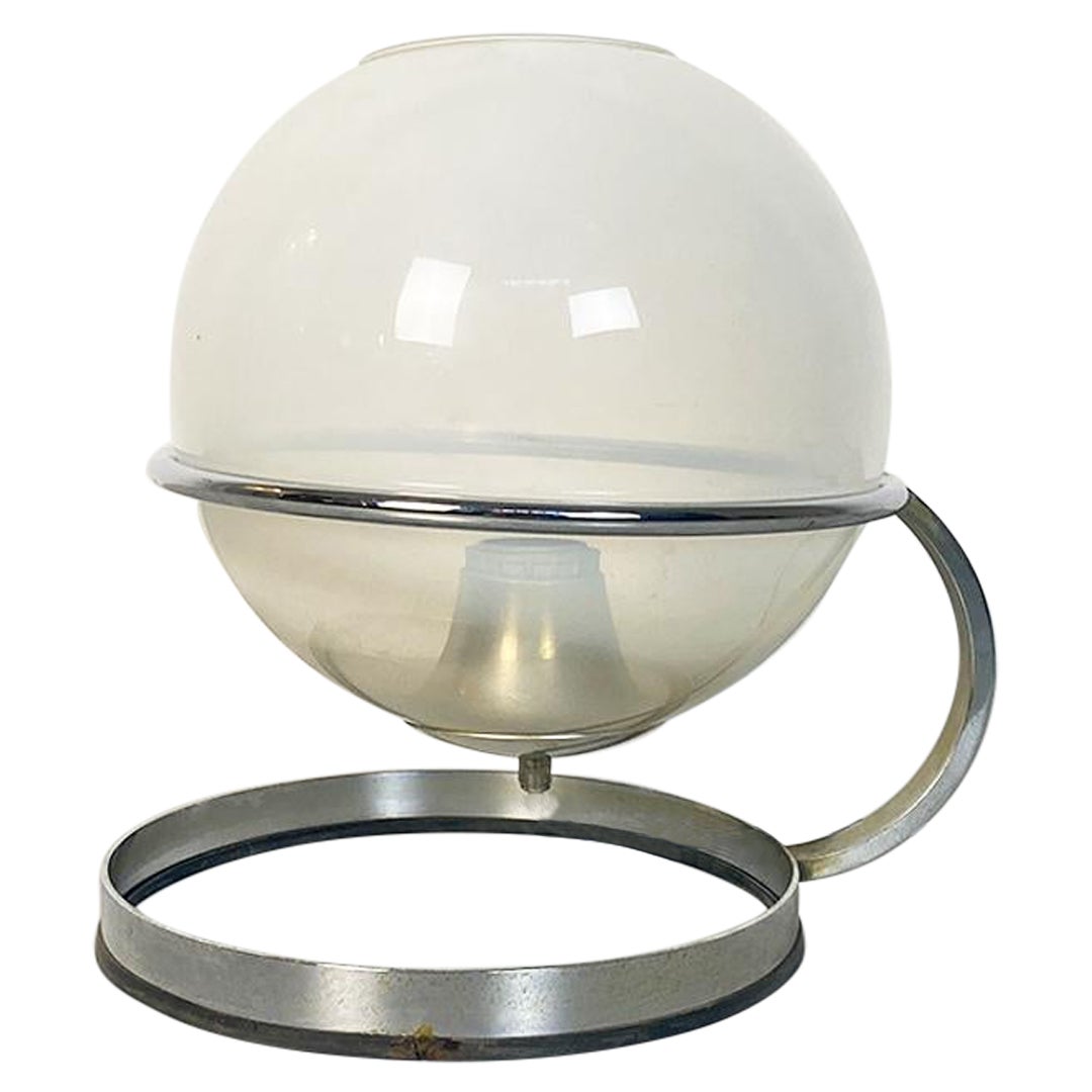Italian Space Age Chromed Steel and Opaque Opaline Glass Table Lamp, 1970s