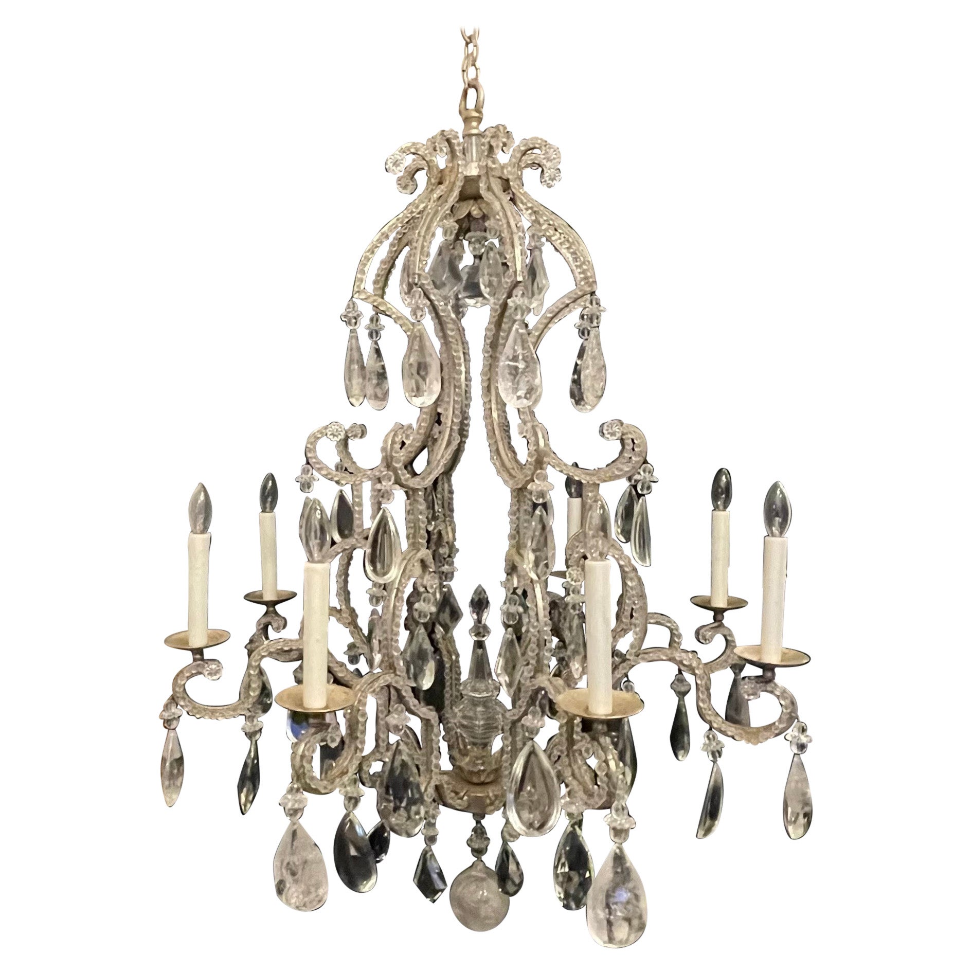 Fine Mid-Century Modern Baguès Silver Gilt Beaded Rock Crystal Large Chandelier For Sale