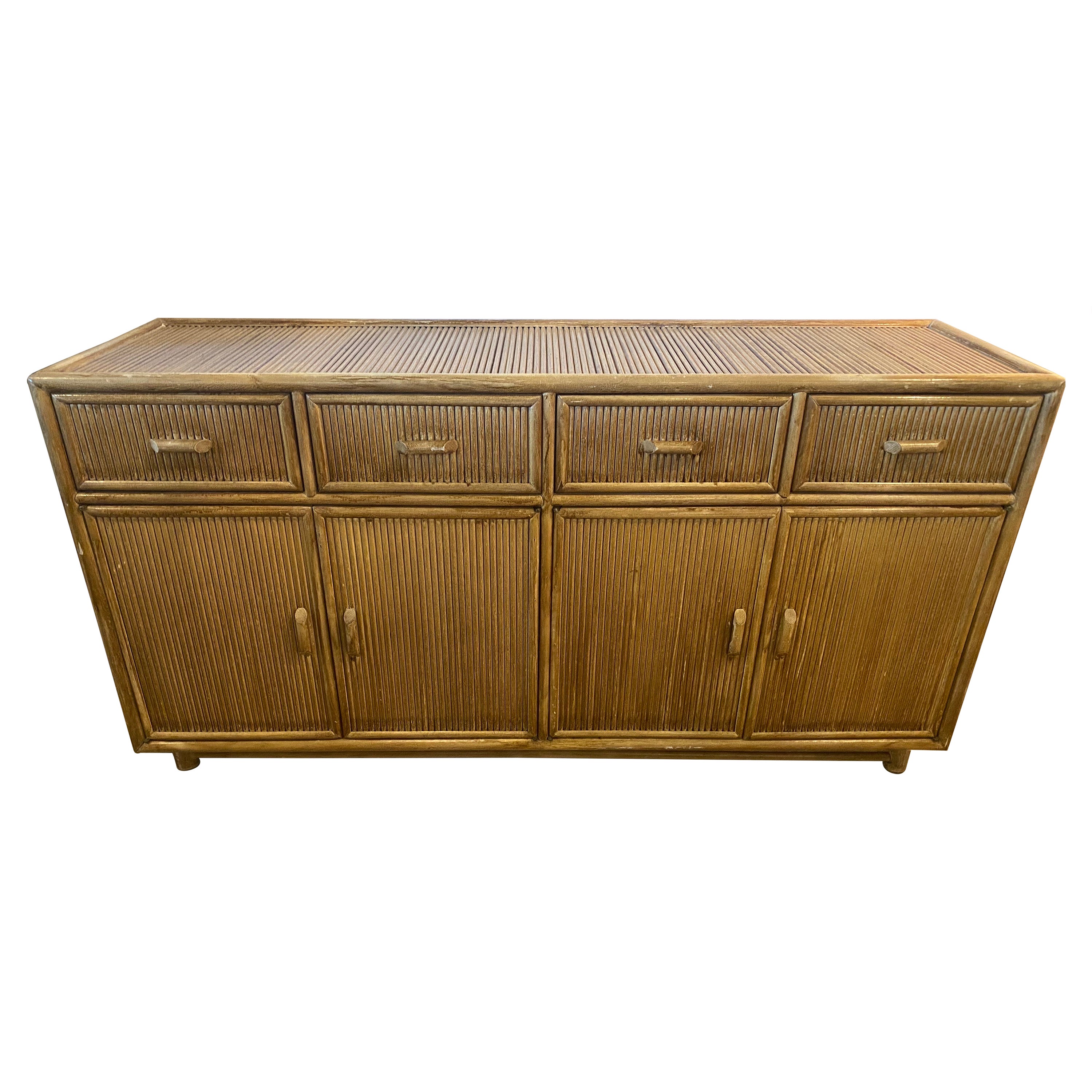 Vintage Palm Beach Bamboo Pencil Reed Credenza Cabinet Buffet Drawers Dresser  For Sale