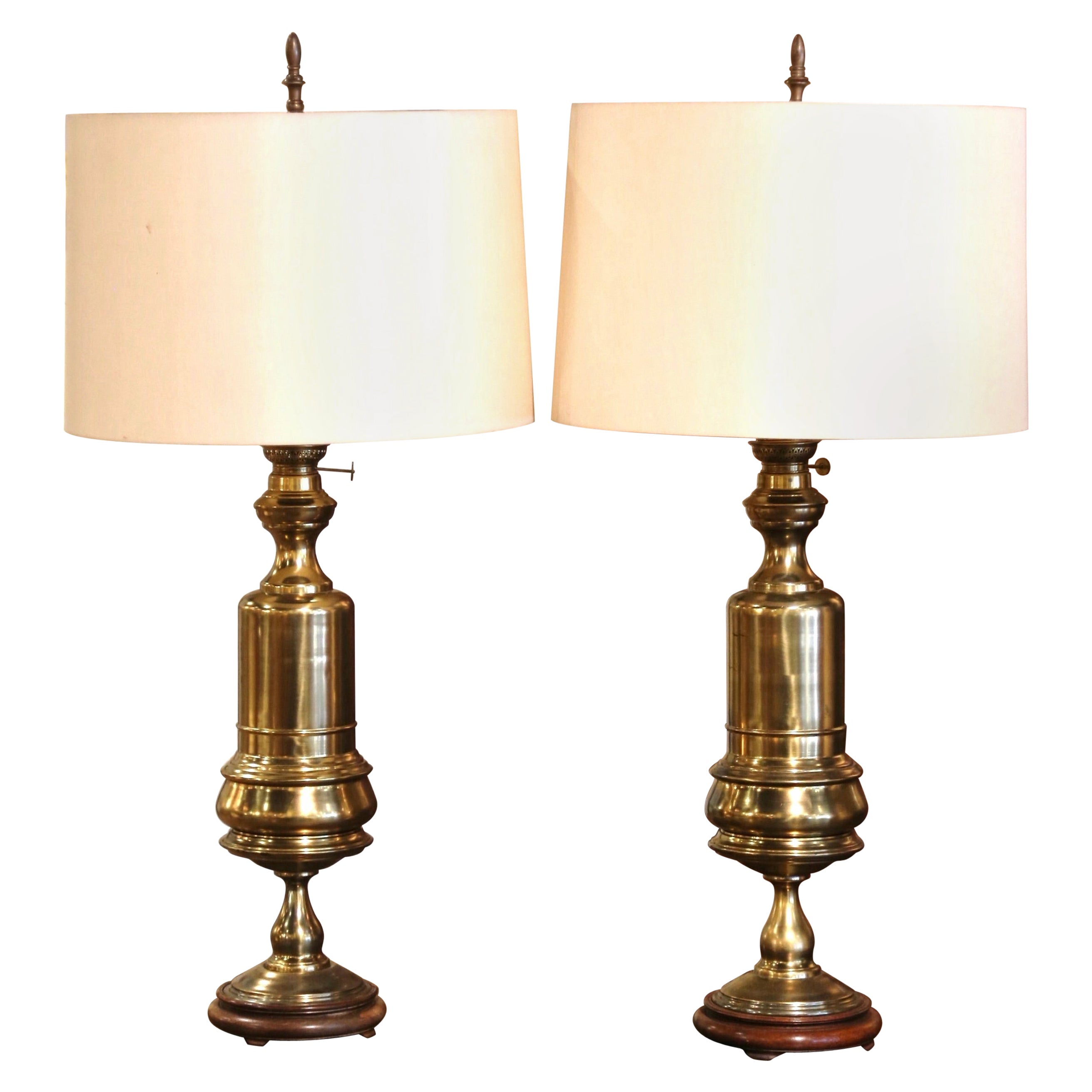 Pair of 19th Century French Brass Oil Table Lamps on Wooden Bases