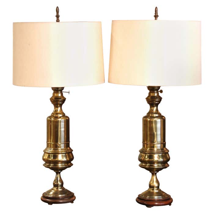 Pair of 19th Century French Brass Oil Table Lamps on Wooden Bases at ...