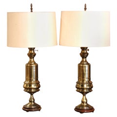 Pair of 19th Century French Brass Oil Table Lamps on Wooden Bases