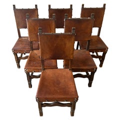 Set of 6 rustic Spanish sling chairs leather & Elm great patina