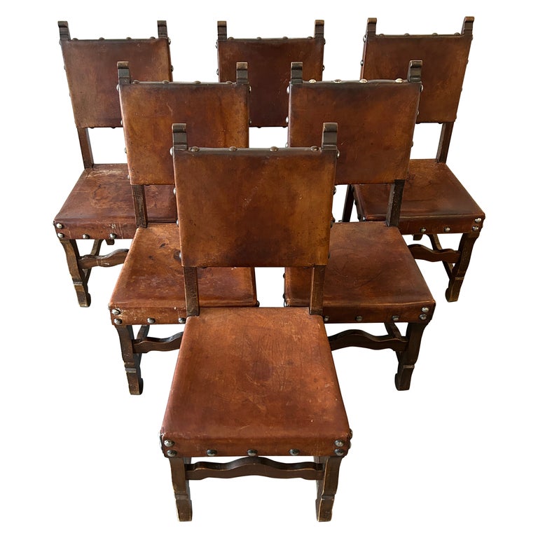 Set of 6 rustic Spanish sling chairs leather and Elm great patina For