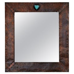 Rectangular Arts & Crafts Copper Mirror with Heart Cabuchon