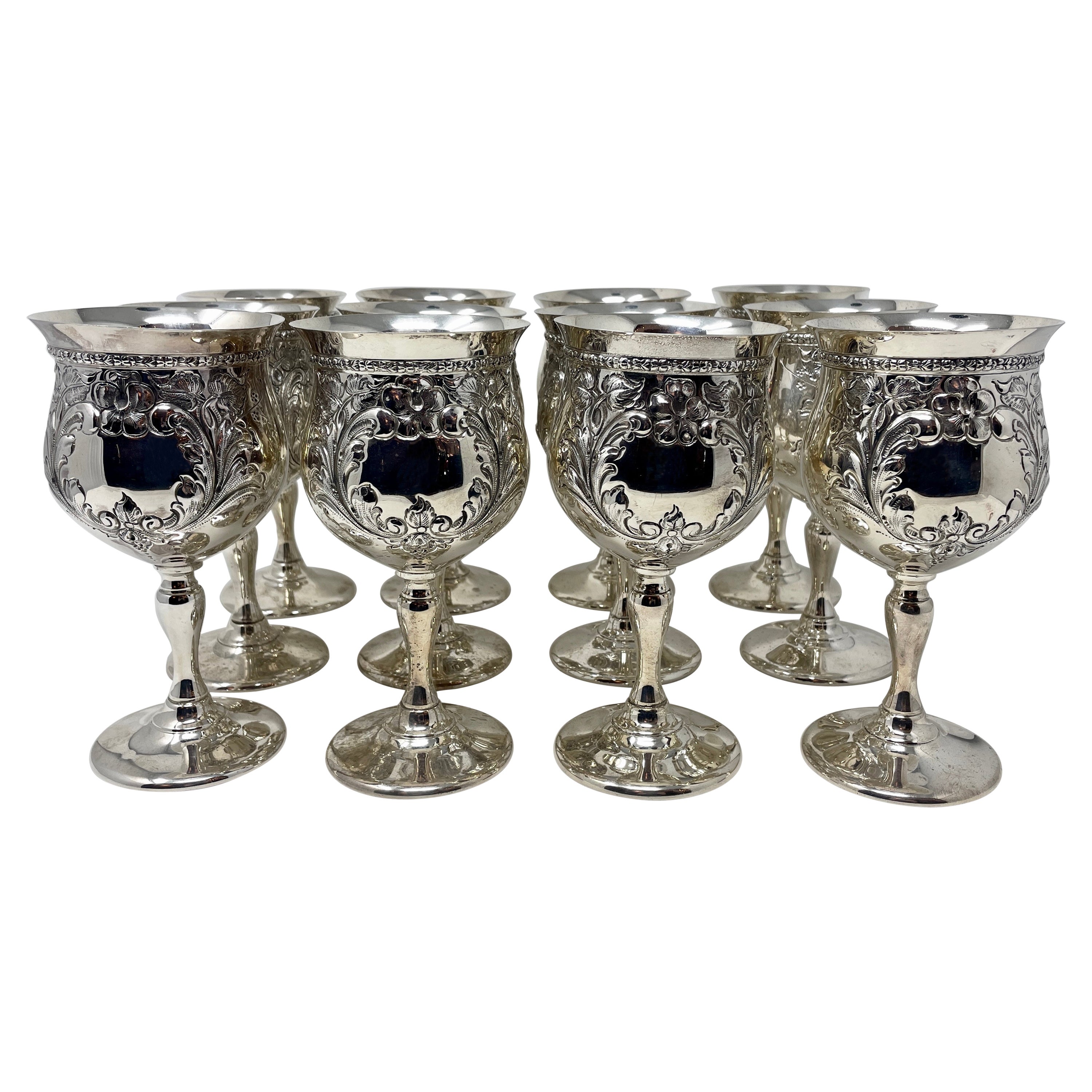 Set of 12 Antique American Sterling Silver Goblets "Violet Pattern"