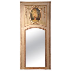 Antique Tall 18th Century French Louis XVI Gilt Wood and Painted Wall Trumeau Mirror