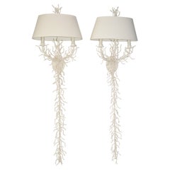 Used Pair of Faux Coral Wall Sconces with Shades, Regency, Miami Modern 
