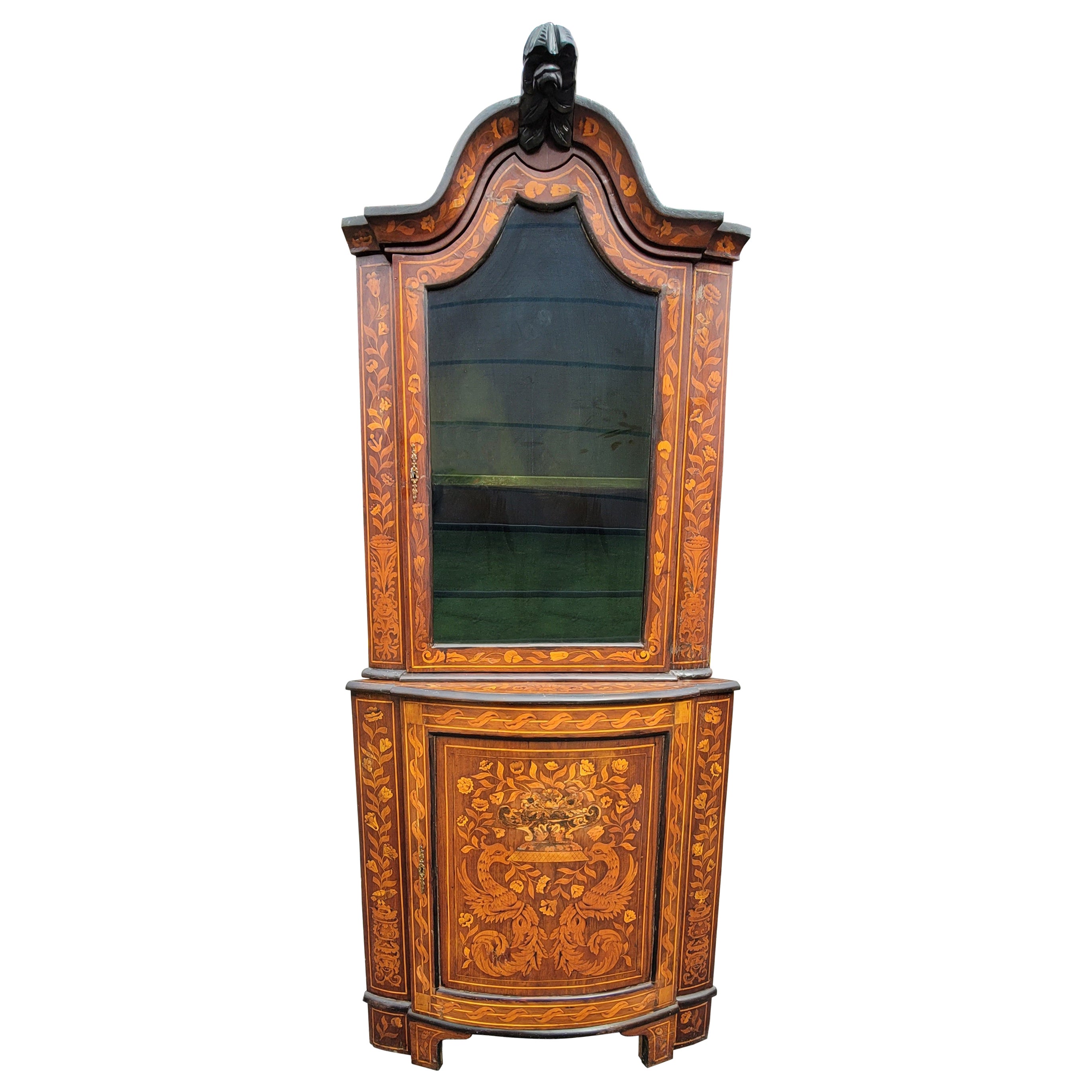 19th Century Dutch Rococo Style Marquetry Walnut Two-Piece Corner Cabinet For Sale