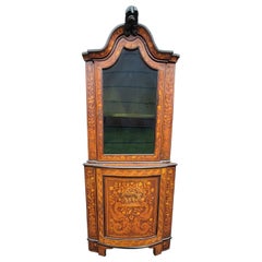 Antique 19th Century Dutch Rococo Style Marquetry Walnut Two-Piece Corner Cabinet