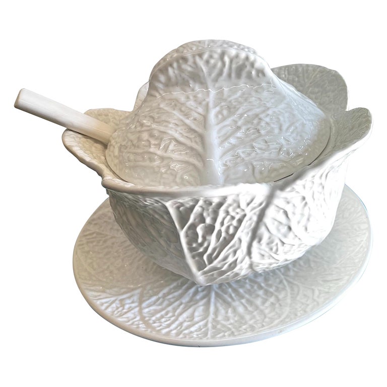 Vintage Portuguese White Majolica Cabbage Tureen with Ladle and