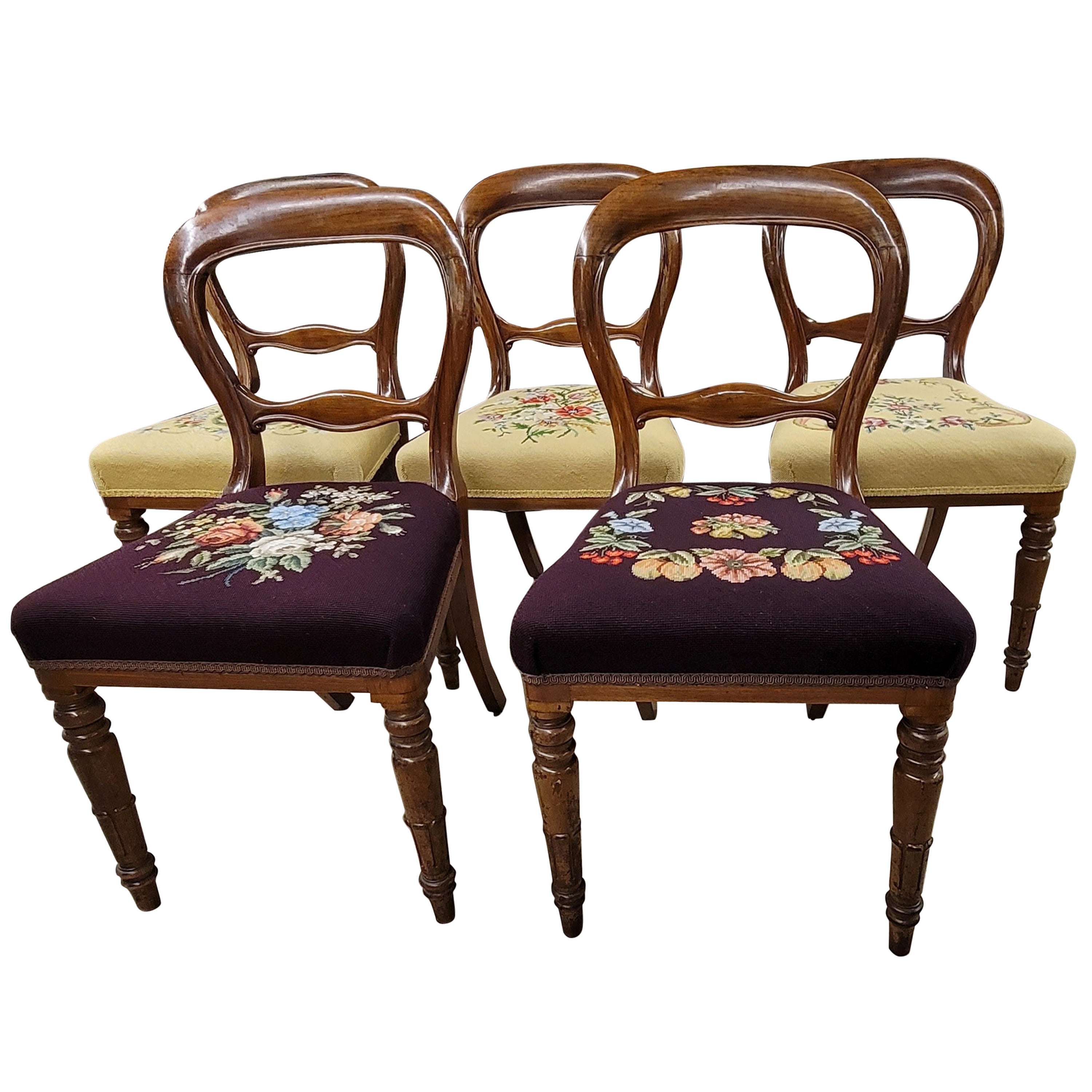 Set of 5 Victorian Balloon Back Mahogany & Custom Newer Needlepoint Work Chairs For Sale