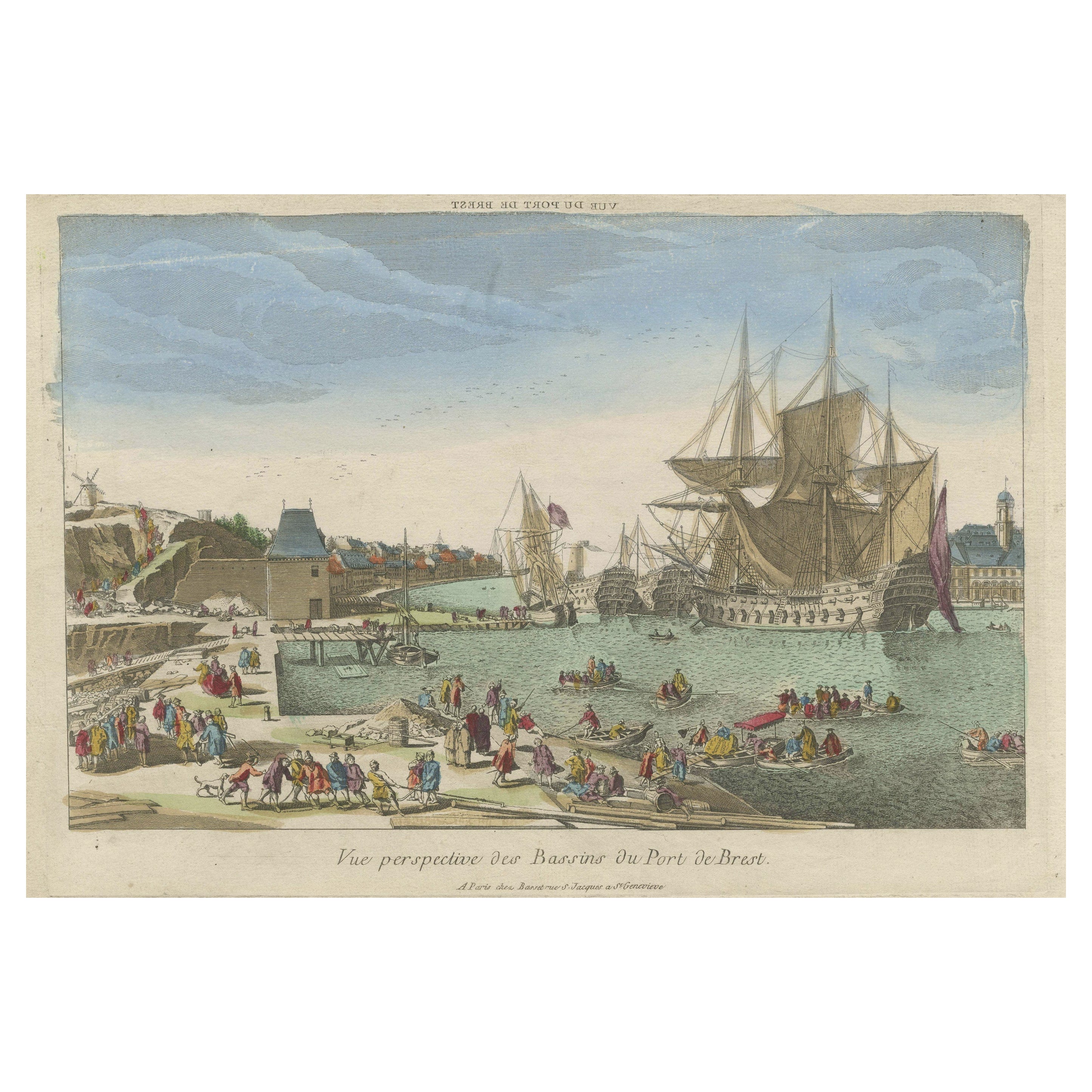 Rare gravure animée et colorée à la main du port français de Port City Brest