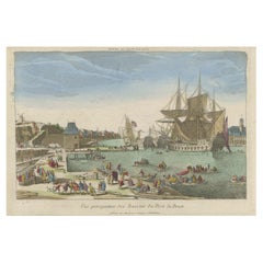 Antique Rare Animated Hand-Colored Engraving of the French Harbour of Port City Brest